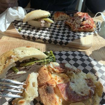 B Il Taglio - Potato and soppressata slice, pepperoni and onion slice, and a porchetta and rapini sandwich :) their pizzas topped it off big time!! - Pizza Near Me - Montreal, Quebec
