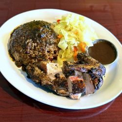 Exclusive Jerk Restaurant & Bar - Jerk Chicken White Lunch with Red Beans & Rice and Cabbage - Mmm!