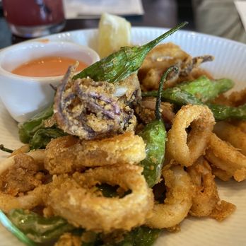 Alvarado on Main - CALAMARI & SHISHIITO PEPPERS Rice flour, lemon, chili garlic aioli - Beer Bar Near Me - Salinas, California