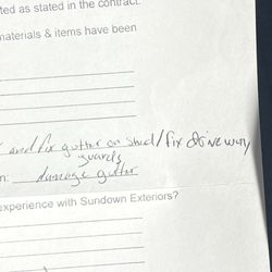 Sundown Exteriors - Agreement on final receipt to repair driveway damage caused by incompetent sub-contractor retained by Sundown Exteriors.