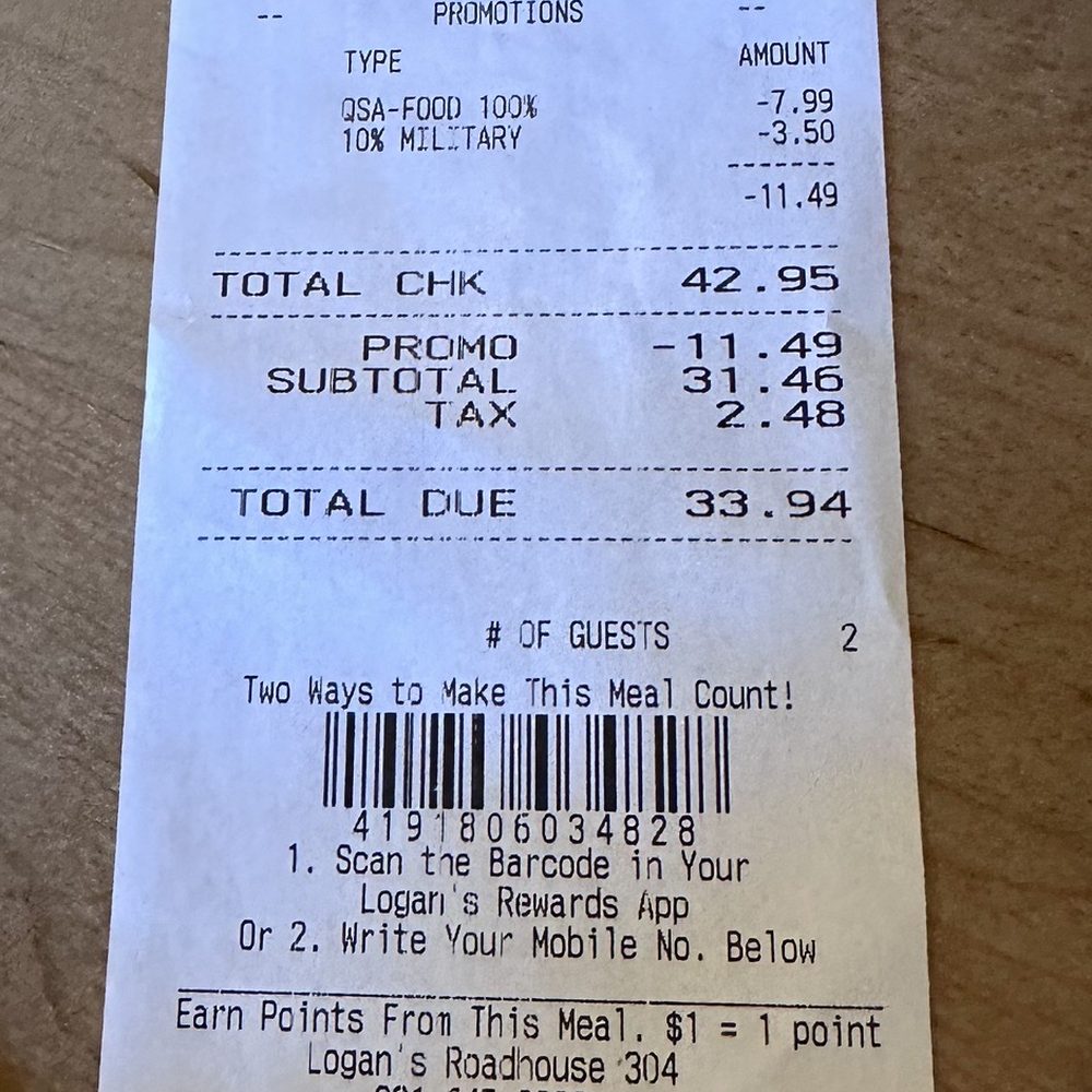 Logan's Roadhouse - Final check...minus the hair we were first charged for. - Steakhouses Near Me - Clarksville, Tennessee Logan's Roadhouse - Final check...minus the hair we were first charged for. - Steakhouses Near Me - Clarksville, Tennessee