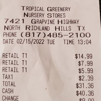 Tropical Greenery Nursery Stores - Total for all 3 plants was such a better price than my usual go to in Farmers Market. - Nurseries & Gardening Near Me - North Richland Hills, Texas Tropical Greenery Nursery Stores - Total for all 3 plants was such a better price than my usual go to in Farmers Market. - Nurseries & Gardening Near Me - North Richland Hills, Texas