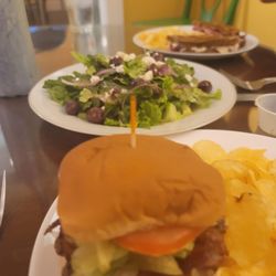 Happenings on Elm - Blue cheese Burger and salad