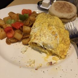 4 ingredient omelet (choices mine), crispy potatoes and an English muffin. 4 ingredient omelet (choices mine), crispy potatoes and an English muffin.