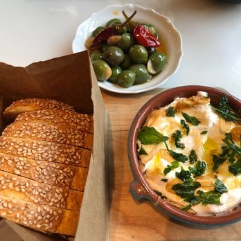 San Morello - Sheep's milk ricotta with hot honey & garlic; warm olives stuffed with Sicilian almonds - Italian Near Me - Detroit, Michigan