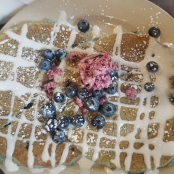 Breakfast Club - Blue corn pancakes with vanilla sauce and blueberry butter. Tastes like cake batter!! - Breakfast & Brunch Near Me - Phoenix, Arizona