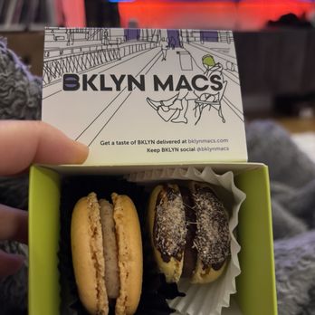 Bklyn Macs - Osmanthus and Oolong macaron the left and Lemongrass Szechuan peppercorn on the right - Desserts Near Me - New York, New York Bklyn Macs - Osmanthus and Oolong macaron the left and Lemongrass Szechuan peppercorn on the right - Desserts Near Me - New York, New York