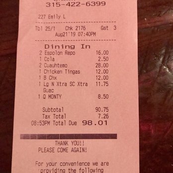 Alto Cinco - Our receipt with items ordered! Loved everything - Mexican Near Me - Syracuse, New York Alto Cinco - Our receipt with items ordered! Loved everything - Mexican Near Me - Syracuse, New York
