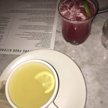 True Food Kitchen - Pomegranate mule and ginger honey lemon tea. They don't mess around with their ginger. - Vegetarian Near Me - Pasadena, California True Food Kitchen - Pomegranate mule and ginger honey lemon tea. They don't mess around with their ginger. - Vegetarian Near Me - Pasadena, California