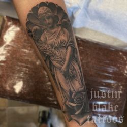 King's Tide - Black and grey realism angel statue tattoo