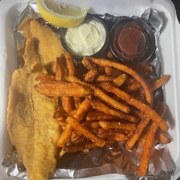 Fried fish with sweet potato fries