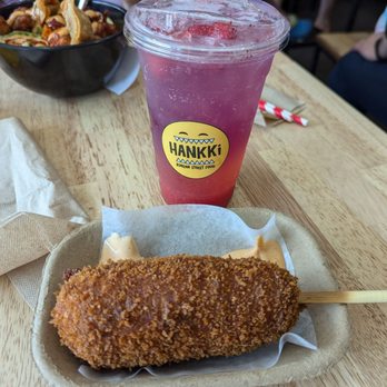 Hankki - Whole mozzarella dog and strawberry butterfly ade - Korean Near Me - Banff, Alberta