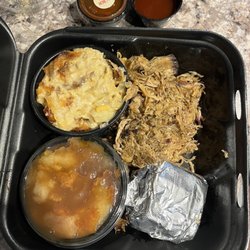 Mission BBQ - Pulled pork, baked cheesy potatoes, apple cobble and cornbread (in the foil)