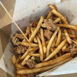 Popcorn chicken and French fries