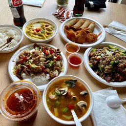 Tom yum soup, Lemongrass chicken, grandmas fried rice, yellow curry, egg-rolls and fried shrimp Tom yum soup, Lemongrass chicken, grandmas fried rice, yellow curry, egg-rolls and fried shrimp