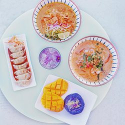 Venice Noodles - [ IG: @icythaitea ] Khao Soi, Tum Kha Ramen, Mango Sticky Rice, Steamed Dumplings with Curry Sauce, Purple Rain