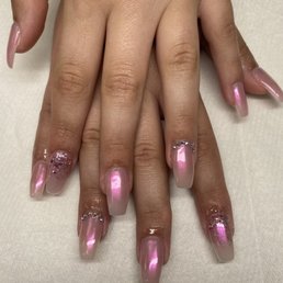 Dip base nails with gel polish and chrome on top
