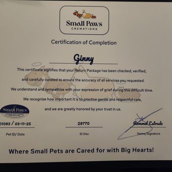 Small Paws Cremations - Certificate of private cremation. - Pet Cremation Services Near Me - Los Angeles, California Small Paws Cremations - Certificate of private cremation. - Pet Cremation Services Near Me - Los Angeles, California