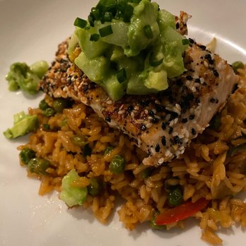 The Northside Social - Crusted Salmon with vegetable fried rice cucumber and avocado - American Near Me - Indianapolis, Indiana The Northside Social - Crusted Salmon with vegetable fried rice cucumber and avocado - American Near Me - Indianapolis, Indiana