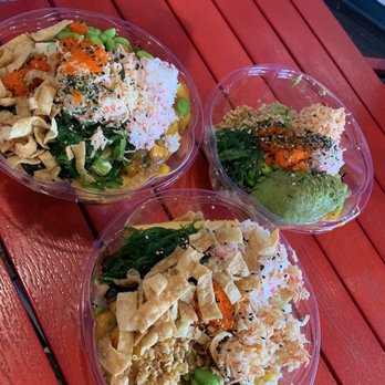 Hawaii Poke - three bowls of food on a red table - Poke Near Me - Corpus Christi, Texas Hawaii Poke - three bowls of food on a red table - Poke Near Me - Corpus Christi, Texas