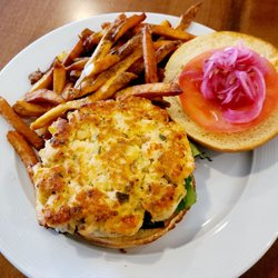 Blue Anchor Grill and Beer Garden - Salmon burger & fries - special for burger & brew night