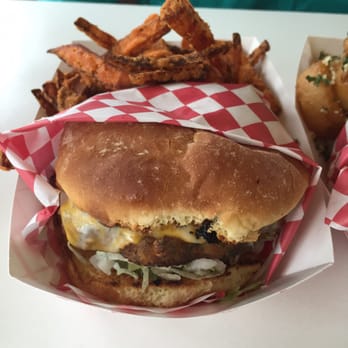Red's Burgers - Chickpea burger and sweet potato fries - Burgers Near Me - Seward, Alaska Red's Burgers - Chickpea burger and sweet potato fries - Burgers Near Me - Seward, Alaska