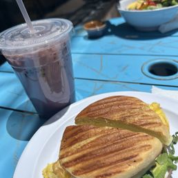 Ube chai & breakfast sandwich