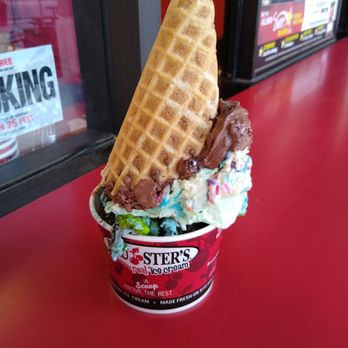 Bruster's Real Ice Cream - Cookie Craze scoop, Chocolate Mudslide scoop, Birthday Cake scoop, and S'mores scoop in a waffle cone - Desserts Near Me - Provo, Utah Bruster's Real Ice Cream - Cookie Craze scoop, Chocolate Mudslide scoop, Birthday Cake scoop, and S'mores scoop in a waffle cone - Desserts Near Me - Provo, Utah