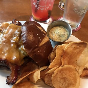 Great Dane Pub & Brewing - Brat burger. 1/2 brat, 1/2 ground beef. 100% foodgasmic. - American Near Me - Madison, Wisconsin Great Dane Pub & Brewing - Brat burger. 1/2 brat, 1/2 ground beef. 100% foodgasmic. - American Near Me - Madison, Wisconsin