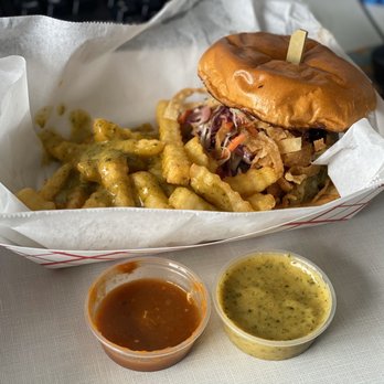 Wontons On Wheels - Shrimp Burger, fries, garlic and pepper sauce - Food Trucks Near Me Wontons On Wheels - Shrimp Burger, fries, garlic and pepper sauce - Food Trucks Near Me
