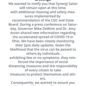 Synergi Salon - Notice they acknowledge the press conferences which explain the severity - Hair Salons Near Me - Columbus, Ohio