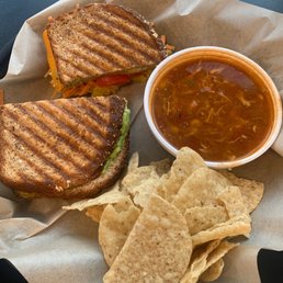 Veg out sandwich and chicken tortilla soup with chips Veg out sandwich and chicken tortilla soup with chips