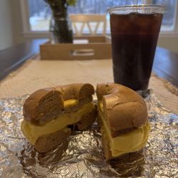 Bagelmeister - Sausage egg and cheese on the chipotle cheddar bagel, accompanied by the Zack Attack iced coffee!