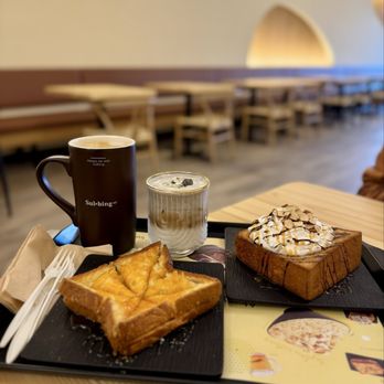 Sulbing Cafe - Cappuccino, black sesame cloud latte, honey butter toast, mozarella injeolmi toast - Cafes Near Me - Mountain View, California