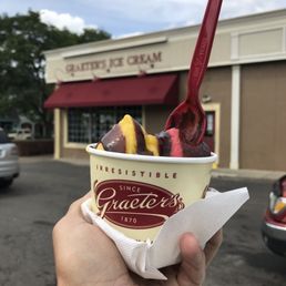 Raspberry and mango sorbet with hot fudge!