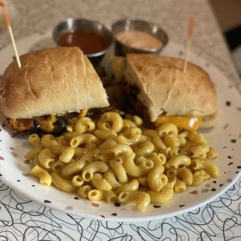 Spiral Diner & Bakery - Philly cheesesteak with Mac and cheese. - Bakeries Near Me - Fort Worth, Texas Spiral Diner & Bakery - Philly cheesesteak with Mac and cheese. - Bakeries Near Me - Fort Worth, Texas