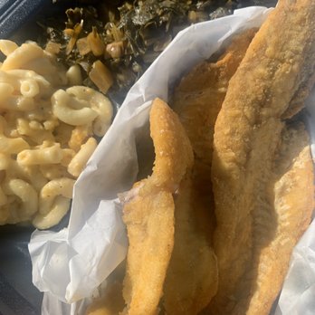 Dyvine BBQ In Motion - Fried Fish Dinner with Collard Green Mac and Cheese - Barbeque Near Me - Dumfries, Virginia Dyvine BBQ In Motion - Fried Fish Dinner with Collard Green Mac and Cheese - Barbeque Near Me - Dumfries, Virginia