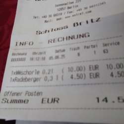 Restaurant Schloss Britz - Fake Rechnung. Ohne RE-Nr. und ausgewiesene Mwst