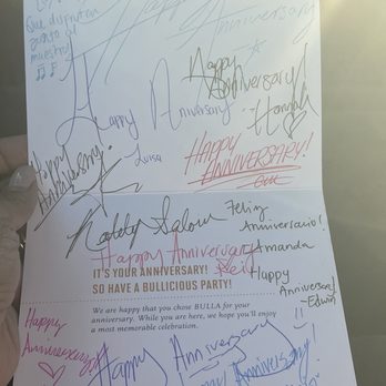 Bulla Gastrobar - Staff signed a Happy Anniversary card for us - Gastropubs Near Me - Winter Park, Florida Bulla Gastrobar - Staff signed a Happy Anniversary card for us - Gastropubs Near Me - Winter Park, Florida
