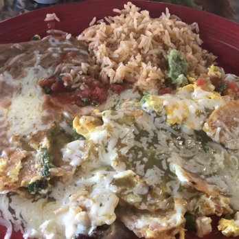 Sonora Cantina - Green Chilaquiles w/ scrambled eggs, rice, beans, side of guac & tortillas (not shown). So big and good! - Mexican Near Me - Big Bear Lake, California