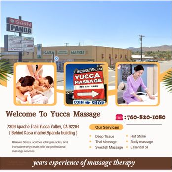 Yucca Massage - Yucca Massage
7309 Apache Trail.Yucca Valley, CA 92284
( Behind Kasa market&panda building ) - Massage Near Me - Yucca Valley, California Yucca Massage - Yucca Massage
7309 Apache Trail.Yucca Valley, CA 92284
( Behind Kasa market&panda building ) - Massage Near Me - Yucca Valley, California