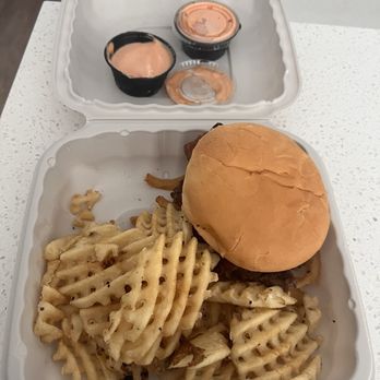 Burger Bunker - The General with no cheese, waffles fries, and fry sauce. - Food Trucks Near Me - Post Falls, Idaho Burger Bunker - The General with no cheese, waffles fries, and fry sauce. - Food Trucks Near Me - Post Falls, Idaho
