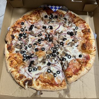 Porky's Pizza - a pizza with olives and onions - Pizza Near Me - Moreno Valley, California Porky's Pizza - a pizza with olives and onions - Pizza Near Me - Moreno Valley, California