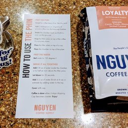 Vietnamese coffee, phin and instructions for how to brew their coffee. The sticker was a nice touch. Vietnamese coffee, phin and instructions for how to brew their coffee. The sticker was a nice touch.