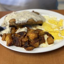 Chicken fried steak and eggs (requested hard cooked eggs). The gravy was quite good, too.