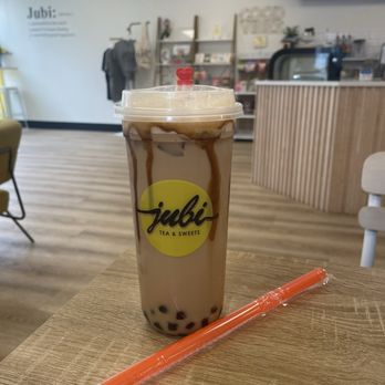 Jubi Tea & Sweets - Large Brown Sugar Boba with Tea (option with only milk (no tea) was also available). - Bubble Tea Near Me - Bethel, Connecticut Jubi Tea & Sweets - Large Brown Sugar Boba with Tea (option with only milk (no tea) was also available). - Bubble Tea Near Me - Bethel, Connecticut