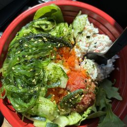 Small bowl with salmon, spicy tuna, sesame + sweet unagi sauce