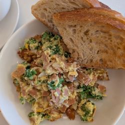 Hash brown scramble and sourdough toast.