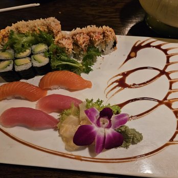 Sake Lounge - Sunny roll (I think), avocado roll, salmon nigiri, and tuna nigiri - Japanese Near Me - Olathe, Kansas Sake Lounge - Sunny roll (I think), avocado roll, salmon nigiri, and tuna nigiri - Japanese Near Me - Olathe, Kansas
