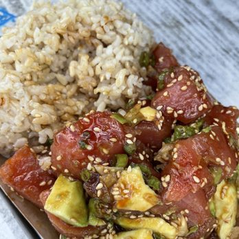 Poke-Poke - Taken Shiso salmon and Big Jim with brown rice. Fresh and tasty. Portion is ok. - Seafood Near Me - Austin, Texas